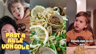 Making Pasta alle vongole for my 3 year old, Levi!