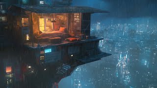 Sci-Fi Ambience | Rain and Dark Ambient Music | Cyberpunk Balcony Escape | 10 Hours