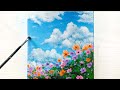 Easy Colourful Flower Field Acrylic Painting with Clouds in the Blue Sky / Spring painting idea