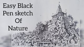 How to create mountain with temple black pen sketch | Easy Beautiful nature pen sketch |