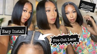 Super Glueless NEW Pre-Cut Bob Wig, 5x5 HD Lace 3B Curly Edge Wig| Ft. IDN Hair