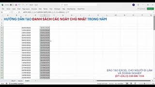 Hướng dẫn công thức tạo danh sách các ngày chủ nhật trong năm