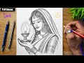 Beautiful Traditional Girl Celebrating Diwali / Girl With Dia Drawing / Diwali Drawing Tutorial