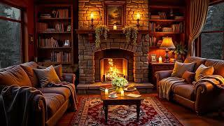 Relaxing Jazz in Cozy Cabin Ambience ⛈ Rain on Window & Crackling Fireplace Sounds for Study & Sleep