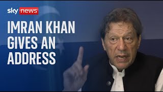 Former Pakistani Prime Minister Imran Khan makes an address