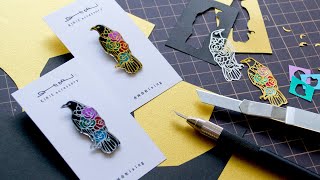 【切り絵×レジン】切り絵で作るバラとカラスのブローチ【ハンドメイドアクセサリー/paper cut art handmade accessory】