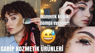 GARİP KOZMETİK ÜRÜNLERİNİ DENEDİM! MANYETİK KİRPİK, MERMAİD FIRÇA, DAMGA EYELİNER