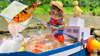 Baby monkey Bim Bim taking baby rabbit and duckling to catch koi and goldfish in the river is so fun