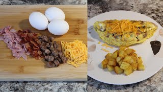 How to make a three-egg omelet with ham, bacon, and sausage  with a side of  breakfast potatoes