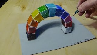 3D Drawing a Rainbow Arch for Kids - How to Draw 3D Arch - Mixed technique on paper