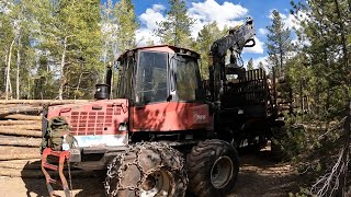 Valmet 860 Forwarder (Old Red) Hauling Logs High Elevation Colorado Mountains