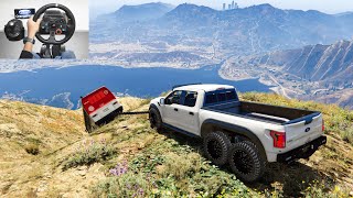 GTA5 | Ford 6X6 VelociRaptor Towing Crash Bus on Mountain |  Realistic Off-Roading Logitechg29 Wheel