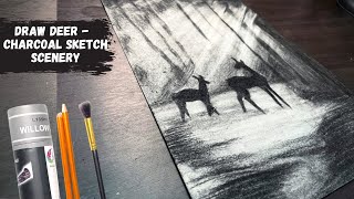 Dear in Forest - Charcoal Drawing | Scenery of Forest - Pencil Sketch