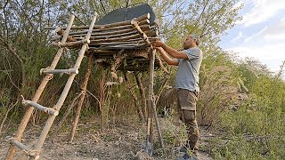 Build a 2 story shelter, camp alone for 2 days, Cook-Life alone in the forest