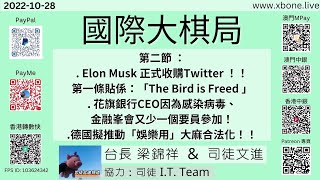 第二節 ：Elon Musk 正式收購Twitter ！！第一條貼係：「The Bird is Freed 」花旗銀行CEO因為感染病毒、金融峯會又少一個要員參加！德國擬推動「娛樂用」大麻合法化！！