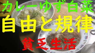 「極貧生活」「貧乏生活」オニオンガッリックカレーライスをいただきます。簡単てずくりゆず白菜。ホームレスは、マナーが悪い。自由と規律。学校教育は、必要です。