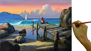 Acrylic Landscape Painting in Time-lapse / Old Wharf in the Beach / JMLisondra