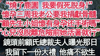 “燒了鹿園 我要假死脫身!”懷孕三周我老公要我捐獻骨髓，“顧先生小姐懷有身孕手術繼續嗎”“心兒沒脫離危險前保證她活著就行”鏡頭前顧氏總裁夫人曝光那日，我留下一份大禮 他痛不欲生【顧亞男】【高光女主】