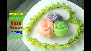 How to make Radish Rose and Cucumber Flowers | Art In Vegetable Carving Roses Garnish  Decoration