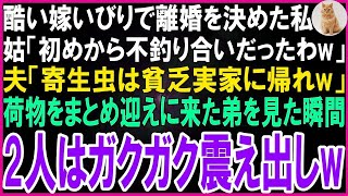 【スカッとする話】酷い嫁いびりで離婚を決めた私に義母「初めから不釣り合いだったわw」夫「寄生虫はさっさと貧乏実家に帰れw」荷物をまとめ迎えに来た弟を見た瞬間2人は目を見開き慌て出し