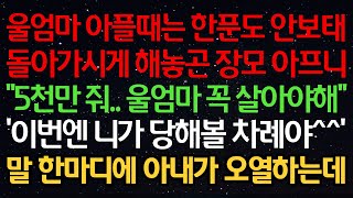 실화사연-울엄마 아플때는 한푼도 안보태 돌아가시게 해놓곤 장모 아프니 “5천만 줘..울엄마 꼭 살아야해” ‘이번엔 니가 당해볼 차례야^^’ 말 한마디에 아내가 오열하는데