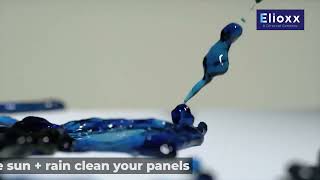 Elioxx self-cleaning coating uses sun+rain to clean PV panels, animation with color water drops