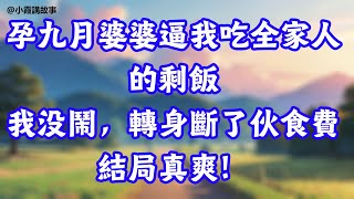 孕九月婆婆逼我吃全家人的剩飯，丈夫直接裝傻，我沒鬧，轉身斷了伙食費，結局真爽！#為人處世#生活經驗#情感故事#晚年哲理#中老年心語#淺談人生#真實故事#心書時光