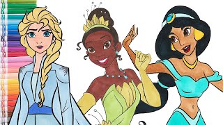 Disney Princess Coloring Book Pages - Elsa, Tiana, and Jasmine | Coloring with Markers
