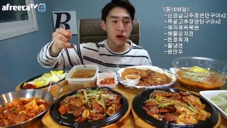 밴쯔▼ 삼겹살 목살 고추장연탄구이 물냉면 왕만두!!! 먹방 160417