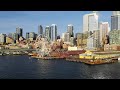 flying over sunset seattle 4k space needle downtown waterfront drone video