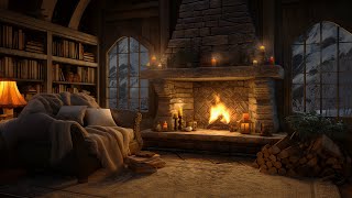 Hello Winter ⛄ Cozy Cabin Ambience With Fireplace Sounds, Blizzard \u0026 Jazz For Relaxation 🔥