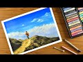 Oil pastel scenery / how to draw mountain landscape nature scenery with oil pastel - step by step