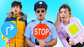 Jason learns traffic signs and safety on pretend play road with friends