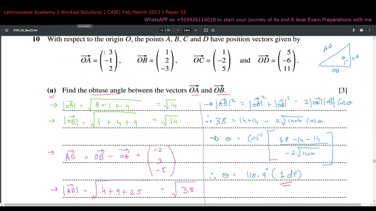 9709_m23_qp_32 | Worked Solutions | Q10 | Vectors - Angle B/w Vectors ...