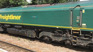 66597 “Viridor” Freightliner with 35 containers 13:40 running 1 minute early Lea Road 19/7/2023