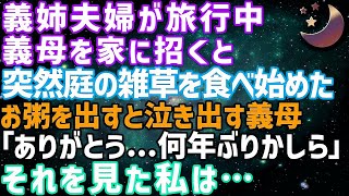 【スカッとする話】義姉夫婦が旅行中、義母を預かると突然義母が庭に降り雑草を口に詰め込み出したので、慌ててお粥を出すと義母「ありがとう…何年ぶりかしら」→その言葉を聞いた私は無言で立ち上がり