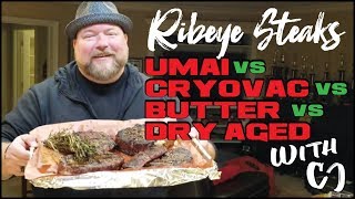 Ribeye Steak Umai v Cryovac Wet v Butter v Dry Aged How-To BBQ Champion Harry Soo SlapYoDaddyBBQ.com