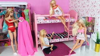 Four Barbie Dolls  Morning Bedroom Bunkbed Routine. Life in a Dreamhouse DIY Mini Doll House.