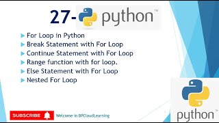 27- For loop | Break | Continue | Range function | Nested | Else Statement in Python in Hindi