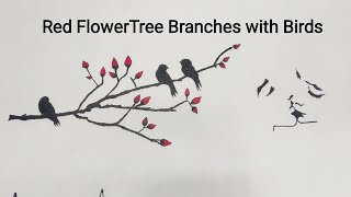Lovely Red Flower Tree branches with birds- wall painting.