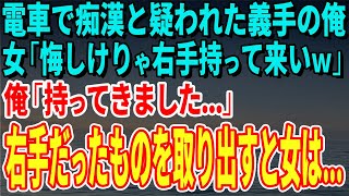 【スカッとする話】電車で痴●と疑われた義手の俺に女「痴漢！義手だからなんだ！悔しけりゃ右手持って来いｗ」俺「持ってきました…」取り出した右手だったものを見て女は…【修羅場】