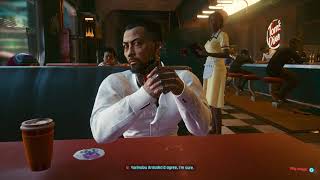 Cyberpunk 2077 Talking to Takemura and Johnny Silverhand (Keanu Reeves) in a diner