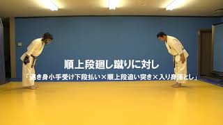 組手型　上段回し蹴りに対し「退き身小手受け下段払い×順上段追い突き」と応用