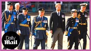 Royal Family march with Queen Elizabeth II's coffin: King Charles III, Princess Anne, Prince Harry