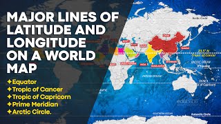 Equator, Tropic of Cancer, Tropic of Capricorn, Prime Meridian, & Arctic Circle.