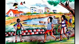 How to draw a boy,s flying kite with scenery |🌹/How to draw scenery of Kite flying Step by step easy