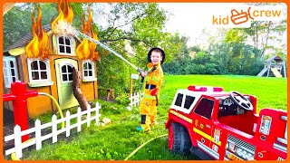 Firefighter rescue with kids power wheel fire truck. Educational how fire trucks work | Kid Crew