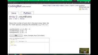 CodingBat Array-2 "countEvens" walkthrough
