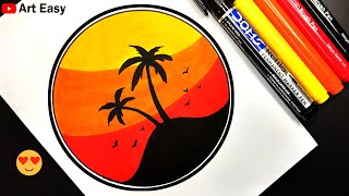 Circle Drawing || Simple And Easy Sunset Drawing For Beginners || Sketch Pen Drawing