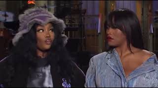 sza and keke palmer looking at each other/bombastic side eye | stan twitter reaction meme